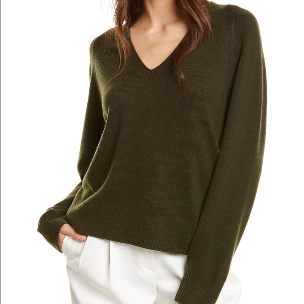 Vince Olive Green V-Neck Cashmere Sweater